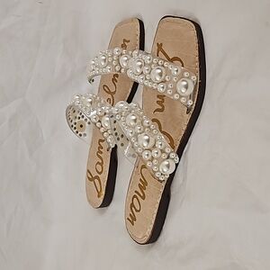 NEW Sam Edelman Eleana Faux Pearl Embellished Flat Sandals Size 8.5